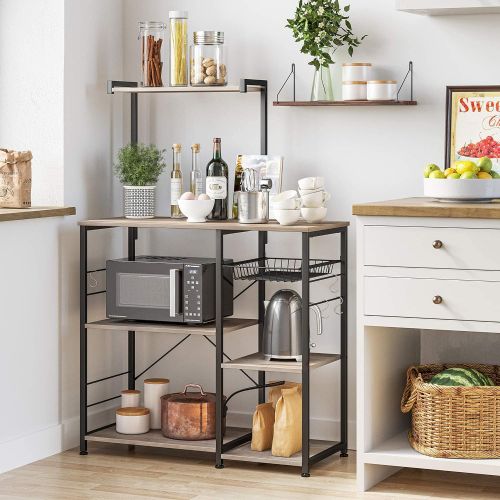  VASAGLE ALINRU Baker’s Rack with Shelves, Kitchen Shelf with Wire Basket, 6 S-Hooks, Microwave Oven Stand, Utility Storage for Spices, Pots, and Pans, Greige and Black UKKS035B02