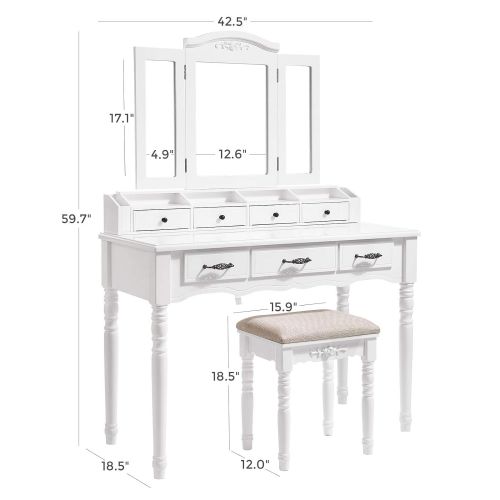  VASAGLE Vanity Set, Tri-Folding Necklace Hooked Mirror, 7 Drawers, 6 Organizers Makeup Dressing Table with Cushioned Stool Easy Assembly, for Women White URDT06M