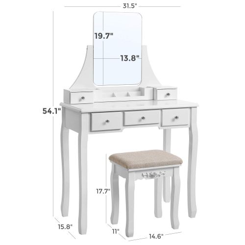  VASAGLE Vanity Table Set with Large Frameless Mirror, Makeup Dressing Table Set for Bedroom, Bathroom, 5 Drawers and 1 Removable Storage Box, Cushioned Stool,White URDT25W