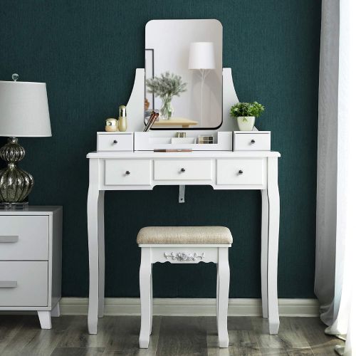  VASAGLE Vanity Table Set with Large Frameless Mirror, Makeup Dressing Table Set for Bedroom, Bathroom, 5 Drawers and 1 Removable Storage Box, Cushioned Stool,White URDT25W