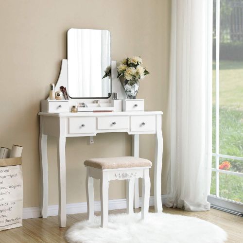  VASAGLE Vanity Table Set with Large Frameless Mirror, Makeup Dressing Table Set for Bedroom, Bathroom, 5 Drawers and 1 Removable Storage Box, Cushioned Stool,White URDT25W