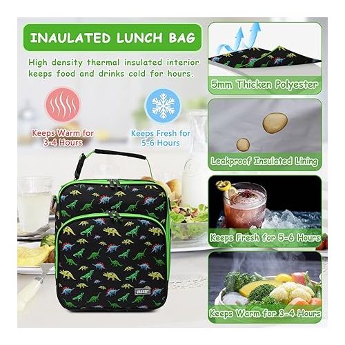  VASCHY Lunch Boxes Bag for Kids, Reusable Lunch Box Containers for Boys and Girls with Detachable Shoulder Strap, Insulated Lunch Coolers for School Cute Dinosaur