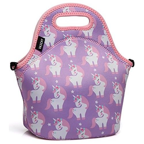  [아마존베스트]VASCHY Lunch Box Bag for Girls, Neoprene Insulated Lunch Tote with Detachable Adjustable Shoulder Strap in Pink Unicorn