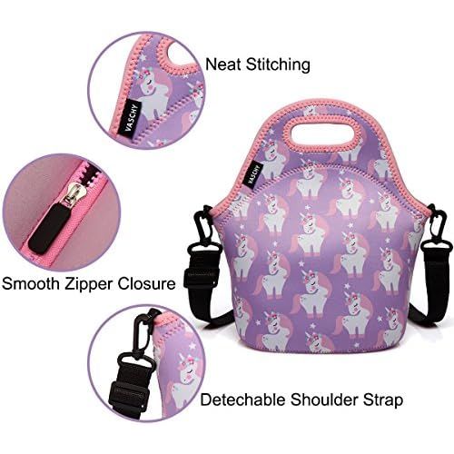  [아마존베스트]VASCHY Lunch Box Bag for Girls, Neoprene Insulated Lunch Tote with Detachable Adjustable Shoulder Strap in Pink Unicorn
