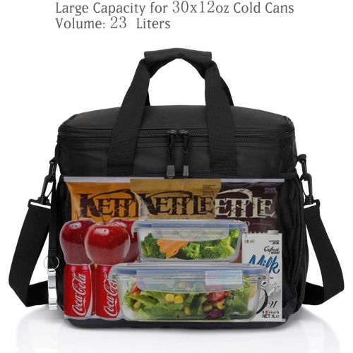  VASCHY Large Cooler Bag, 30-Can 23L Insulated Leakproof Picnic Lunch Bag Multi-Pockets for Camping, Beach, Travel, Fishing with Detachable Shoulder Strap,Beer Opener Black