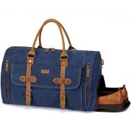 VASCHY Canvas Duffel Bag,Vaschy Leather Canvas Duffle Tote with Shoe Compartment 46L Large Weekend Carry-on Holdall Baggage Sports Travel Bag Denim Blue