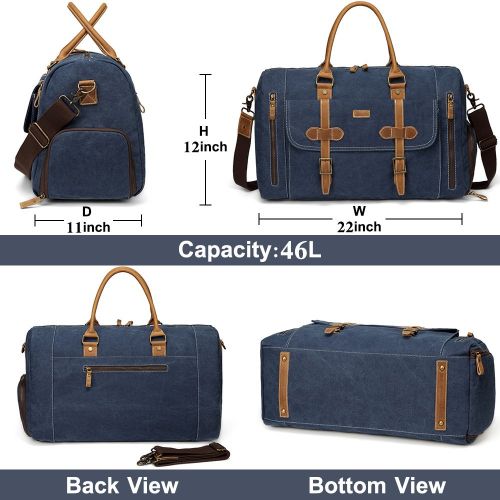  VASCHY Canvas Duffel Bag,Vaschy Leather Canvas Duffle Tote with Shoe Compartment 46L Large Weekend Carry-on Holdall Baggage Sports Travel Bag Denim Blue