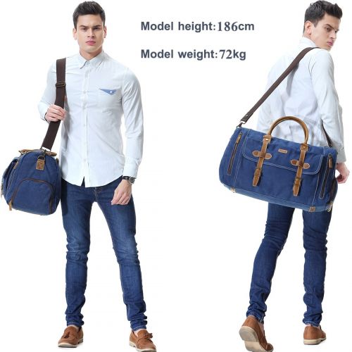  VASCHY Canvas Duffel Bag,Vaschy Leather Canvas Duffle Tote with Shoe Compartment 46L Large Weekend Carry-on Holdall Baggage Sports Travel Bag Denim Blue