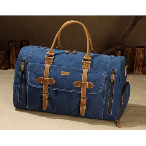  VASCHY Canvas Duffel Bag,Vaschy Leather Canvas Duffle Tote with Shoe Compartment 46L Large Weekend Carry-on Holdall Baggage Sports Travel Bag Denim Blue