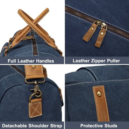  VASCHY Canvas Duffel Bag,Vaschy Leather Canvas Duffle Tote with Shoe Compartment 46L Large Weekend Carry-on Holdall Baggage Sports Travel Bag Denim Blue