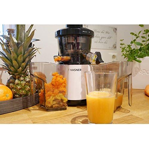  VASNER Slow Juicer Entsafter weiss, Saftpresse elektrisch 60 U/min, 150 Watt, Kaltpresse fuer Obst + Gemuese, Saftbehalter, Reinigungsbuerste, Tropfschutz