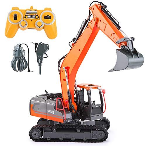  VATOS 2.4G RC Excavator Remote Control Toy Digger 1:16 Scale 3-in-1 Excavate Drill Grasp Simulated Rechargeable RC Truck Construction Tractor Best Gift for Boys Girls Aged 8 9 10 1