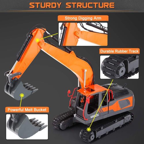  VATOS 2.4G RC Excavator Remote Control Toy Digger 1:16 Scale 3-in-1 Excavate Drill Grasp Simulated Rechargeable RC Truck Construction Tractor Best Gift for Boys Girls Aged 8 9 10 1