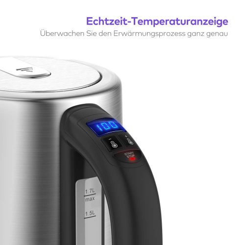  Wasserkocher Edelstahl VAVA mit Temperatureinstellung 1.7 L BPA-frei Elektrische Wasserkessel Teekanne mit Echtzeit-Temperaturanzeige, Automatische Abschaltung Trockengehschutz, 22