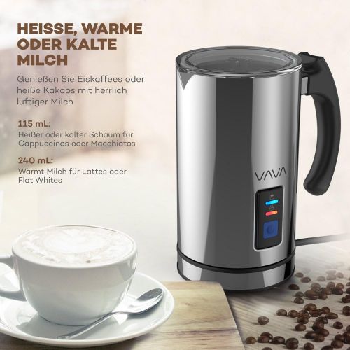  Milchaufschaumer VAVA 240ml 500W Elektrischer Fluessigkeitsaufheizer Milchschaumer mit Funktionen fuer Heisse und kalte Milch Gerauschloser Betrieb, Antihaftbeschichtung, Edelstahl