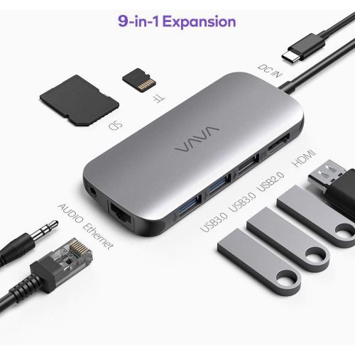  [아마존핫딜][아마존 핫딜] VAVA USB C Hub 9-in-1 Adapter with PD Power Delivery, 4K USB C to HDMI, USB 3.0 Ports, 1Gbps Ethernet Port, SD/TF Cards Reader for MacBook/Pro/Air（2018） and Type C Windows Laptops