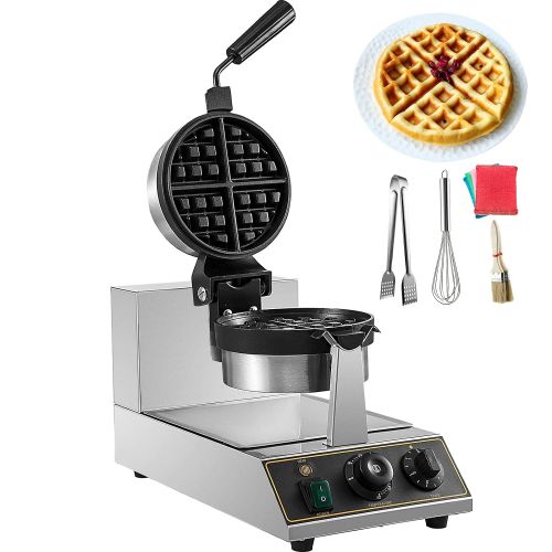  VBENLEM 110V Commercial Round Waffle Maker Nonstick Rotated 1100W Electric Waffle Machine Stainless Steel Temperature and Time Control Suitable for Bakeries Snack Bar Family