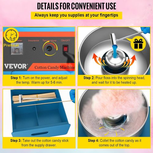  [아마존베스트]VBENLEM 20.5 Inch Commercial Cotton Candy Machine with Cart Blue Stainless Steel Electric Candy Floss Maker with Cart Perfect for Various Parties