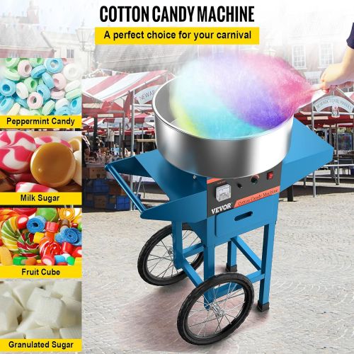  [아마존베스트]VBENLEM 20.5 Inch Commercial Cotton Candy Machine with Cart Blue Stainless Steel Electric Candy Floss Maker with Cart Perfect for Various Parties