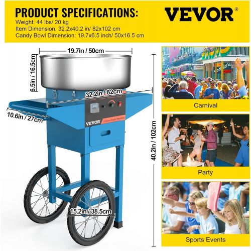  [아마존베스트]VBENLEM 20.5 Inch Commercial Cotton Candy Machine with Cart Blue Stainless Steel Electric Candy Floss Maker with Cart Perfect for Various Parties