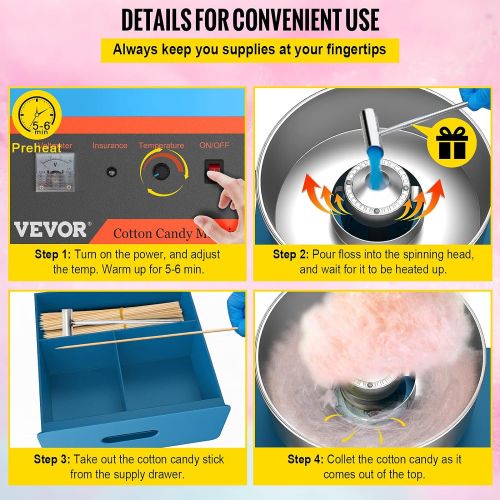  VBENLEM Cotton Candy Machine Commercial with Bubble Cover Shield and Cart Cotton Candy Machine Candy Floss Maker Blue 1030W Electric Cotton Candy Maker Stainless Steel for Various