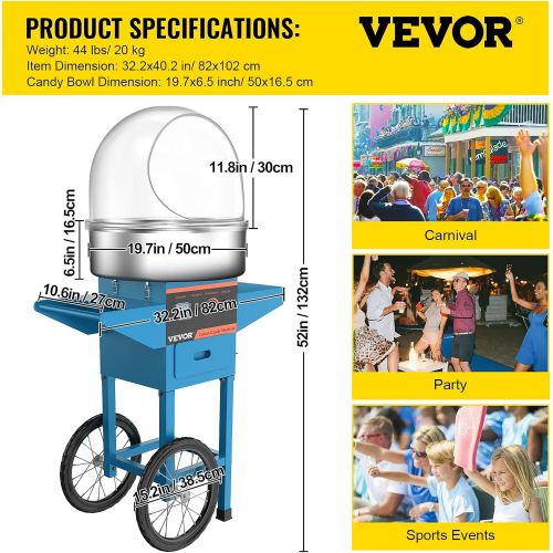  VBENLEM Cotton Candy Machine Commercial with Bubble Cover Shield and Cart Cotton Candy Machine Candy Floss Maker Blue 1030W Electric Cotton Candy Maker Stainless Steel for Various