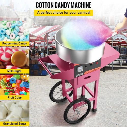  VBENLEM Cotton Candy Machine with Cart Commercial Floss Maker for Family and Various Party, 19.7 Inch, Pink