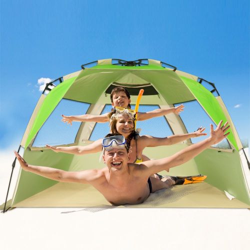  VCOSTORE Beach Tent Large Instant Beach Shelter 4 People with Sun Protection Design, Pop Up Waterproof Sun Shelter for Fishing Beach Adults Family