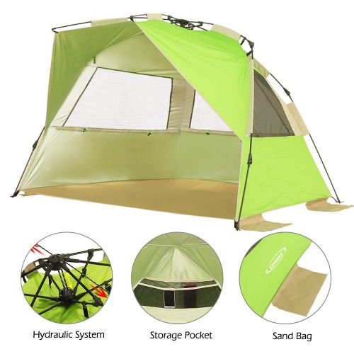  VCOSTORE Beach Tent Large Instant Beach Shelter 4 People with Sun Protection Design, Pop Up Waterproof Sun Shelter for Fishing Beach Adults Family