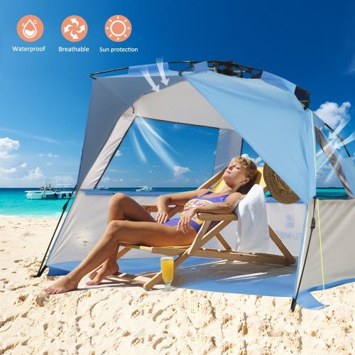  VCOSTORE Beach Tent Large Instant Beach Shelter 4 People with Sun Protection Design, Pop Up Waterproof Sun Shelter for Fishing Beach Adults Family