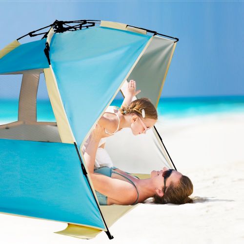  VCOSTORE Beach Tent Large Instant Beach Shelter 4 People with Sun Protection Design, Pop Up Waterproof Sun Shelter for Fishing Beach Adults Family