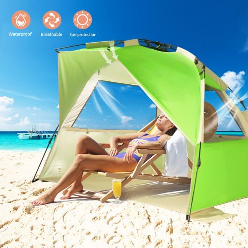  VCOSTORE Beach Tent Large Instant Beach Shelter 4 People with Sun Protection Design, Pop Up Waterproof Sun Shelter for Fishing Beach Adults Family