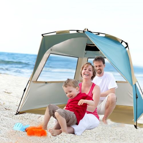  VCOSTORE Beach Tent Large Instant Beach Shelter 4 People with Sun Protection Design, Pop Up Waterproof Sun Shelter for Fishing Beach Adults Family