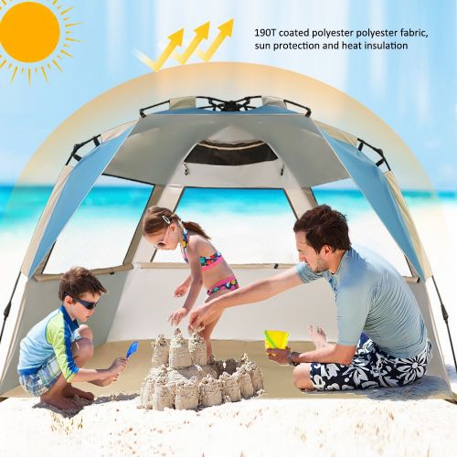  VCOSTORE Beach Tent Large Instant Beach Shelter 4 People with Sun Protection Design, Pop Up Waterproof Sun Shelter for Fishing Beach Adults Family