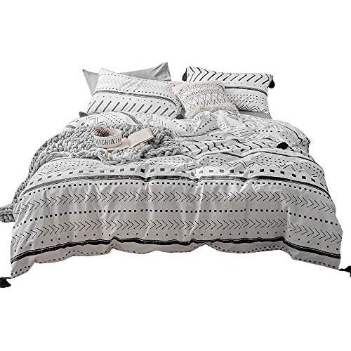  [아마존베스트]VCLIFE VClife Cotton Twin Bedding Set Kids Duvet Cover Sets - White Black Herringbone Stripe Geometric Pattern Bedding Comforter Cover with Corner Ties Soft Twin 1 Duvet Cover 2 Pillowcas