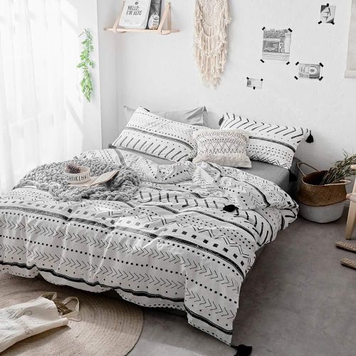  [아마존베스트]VCLIFE VClife Cotton Twin Bedding Set Kids Duvet Cover Sets - White Black Herringbone Stripe Geometric Pattern Bedding Comforter Cover with Corner Ties Soft Twin 1 Duvet Cover 2 Pillowcas