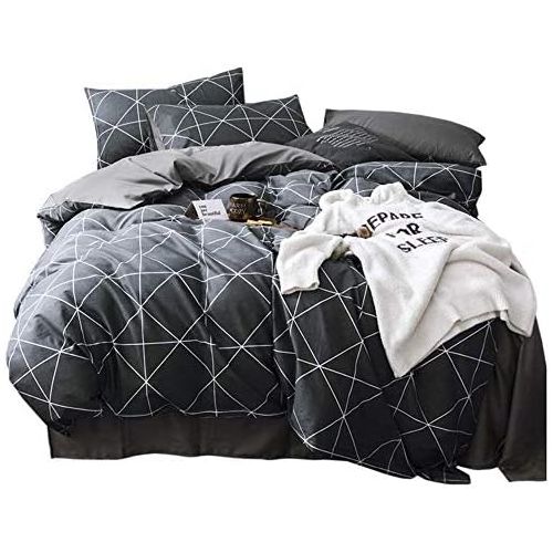  [아마존베스트]VClife Cotton Bedding Duvet Cover Twin Bedding Sets, Soft Geometric Gray Black Pattern Print, Wrinkle Fade & Stain Resistant, Lightweight - Zipper Closure, 4 Corner Ties