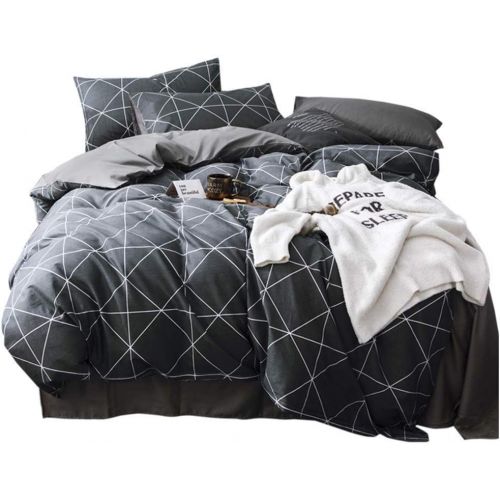  [아마존베스트]VClife Cotton Bedding Duvet Cover Twin Bedding Sets, Soft Geometric Gray Black Pattern Print, Wrinkle Fade & Stain Resistant, Lightweight - Zipper Closure, 4 Corner Ties