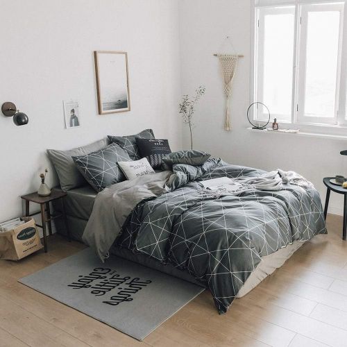  [아마존베스트]VClife Cotton Bedding Duvet Cover Twin Bedding Sets, Soft Geometric Gray Black Pattern Print, Wrinkle Fade & Stain Resistant, Lightweight - Zipper Closure, 4 Corner Ties