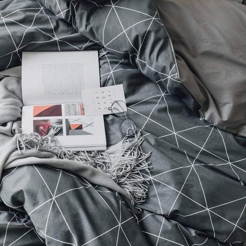  [아마존베스트]VClife Cotton Bedding Duvet Cover Twin Bedding Sets, Soft Geometric Gray Black Pattern Print, Wrinkle Fade & Stain Resistant, Lightweight - Zipper Closure, 4 Corner Ties