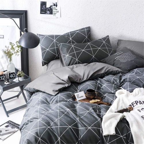  [아마존베스트]VClife Cotton Bedding Duvet Cover Twin Bedding Sets, Soft Geometric Gray Black Pattern Print, Wrinkle Fade & Stain Resistant, Lightweight - Zipper Closure, 4 Corner Ties