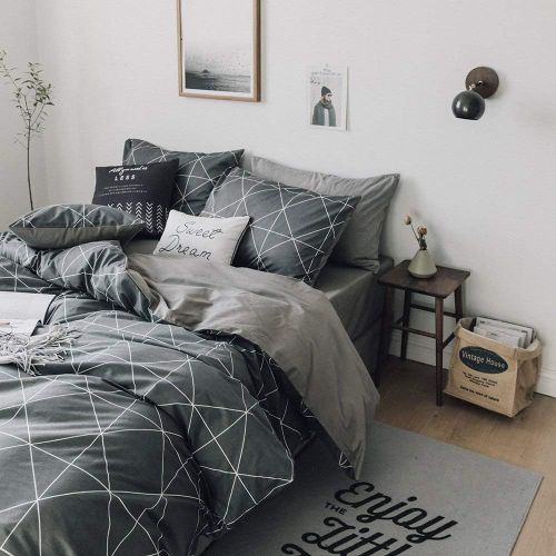  [아마존베스트]VClife Cotton Bedding Duvet Cover Twin Bedding Sets, Soft Geometric Gray Black Pattern Print, Wrinkle Fade & Stain Resistant, Lightweight - Zipper Closure, 4 Corner Ties