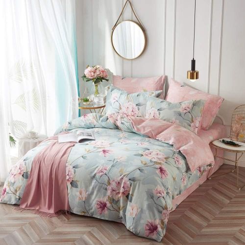  [아마존베스트]VCLIFE Kid Bedding Sets Cotton Duvet Cover Sets Blue Pink Floral Garden Pattern Bedding Twin 1 Duvet Cover 2 Pillow Cases Boho Hotel Bedding Sets Twin for Girl Woman Teens Zipper C