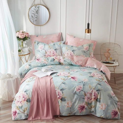  [아마존베스트]VCLIFE Kid Bedding Sets Cotton Duvet Cover Sets Blue Pink Floral Garden Pattern Bedding Twin 1 Duvet Cover 2 Pillow Cases Boho Hotel Bedding Sets Twin for Girl Woman Teens Zipper C