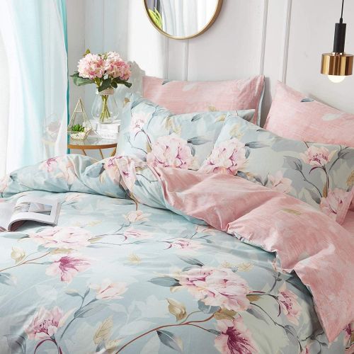  [아마존베스트]VCLIFE Kid Bedding Sets Cotton Duvet Cover Sets Blue Pink Floral Garden Pattern Bedding Twin 1 Duvet Cover 2 Pillow Cases Boho Hotel Bedding Sets Twin for Girl Woman Teens Zipper C