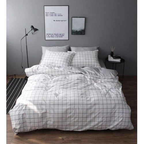  VClife King Cotton Bedding Duvet Cover Sets White Gray Bedding Collections (1 Duvet Cover + 2 Pillowcases) - Luxury Soft Checkered Plaid Pattern, Gift for Boy Girl Woman Man Teens