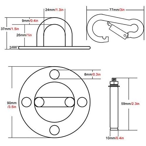  VDSOW Deckenhaken Hangesessel, Augplatte Edelstahl Schaukelhaken mit Karabiner & Schwerlastduebel fuer Hangesessel,Hangematte,Boxsack,Yogatuch und Sonnensegel Befestigung Halterung, Decken