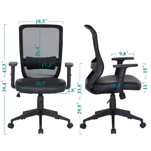  VECELO Home Office Chair with PU Padded Seat Cushion, Adjustable Armrest Seat Height Back Cushion, Lumbar Support for Task  Desk Work - Black