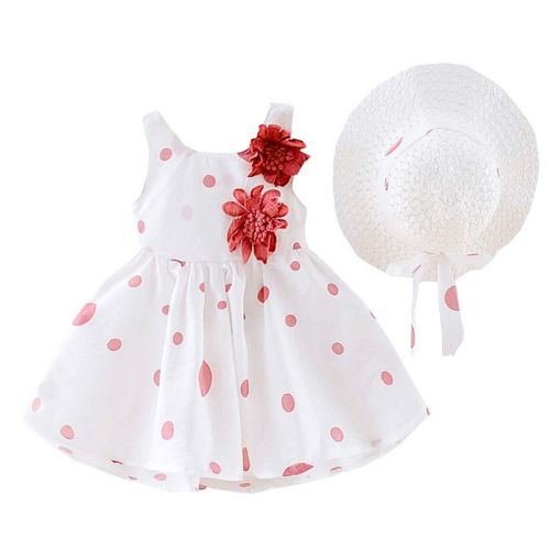  VEFSU Toddler Kids Baby Girls Dot Print Flower Princess Dress+Hat Cap Clothes