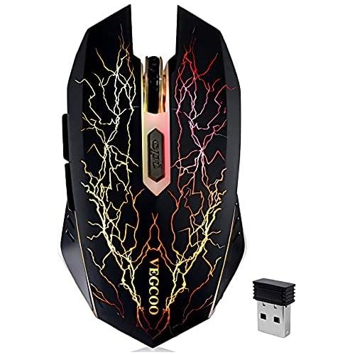  Wireless Gaming Mouse, VEGCOO C8 Silent Click Wireless Rechargeable Mouse with Colorful LED Lights and 2400/1600/1000 DPI for Laptop and Computer (C11 Black)……